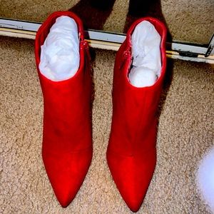 Size 7.5 - Red, Chunky, Pointed heels/booties.